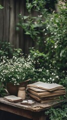 Fototapeta premium A serene outdoor scene with books and flowers in a lush garden.