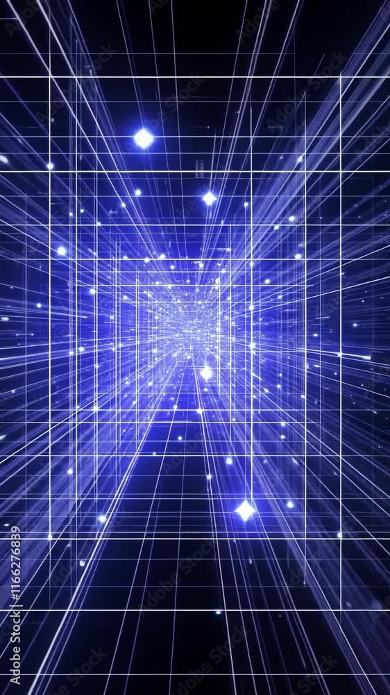 Poster illuminated tunnel of light showcasing geometric patterns and depth in a vibrant blue color scheme