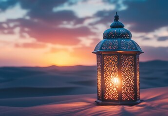 Elegant Lantern Illuminating the Desert at Sunset, Capturing the Beauty of Twilight with Intricate Patterns on the Warm Sand, Evoking a Sense of Serenity and Calmness