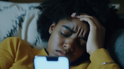 Person experiencing distress while holding head and staring at phone, reflecting modern challenges and emotional struggles in the digital age.