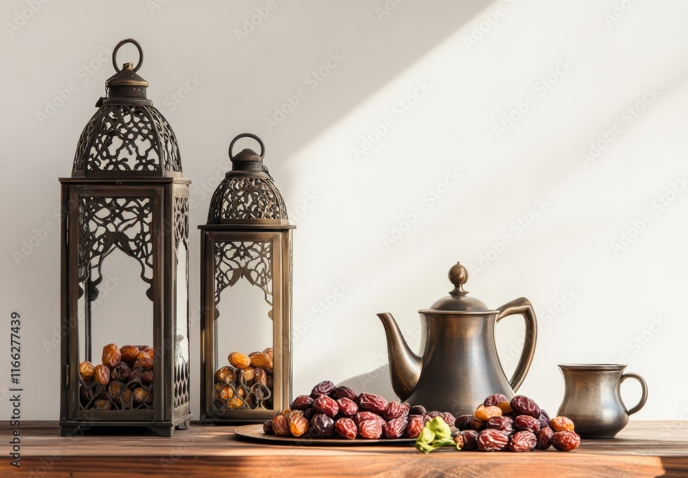 Poster elegant traditional tea set with lanterns and dates on wooden table in soft natural light, creating 
