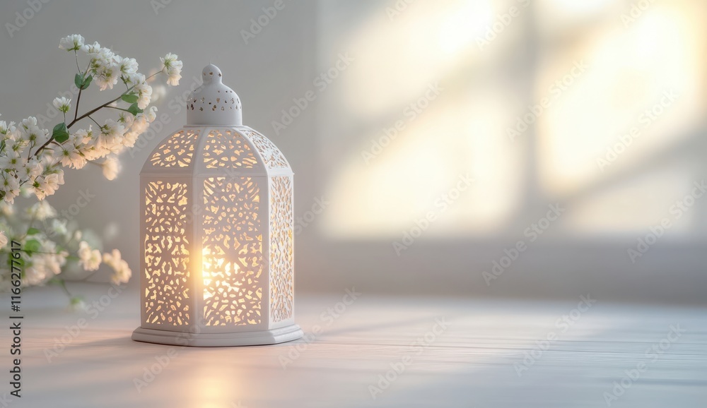 Poster elegant white lantern with intricate patterns casting warm light in a softly lit room with delicate 