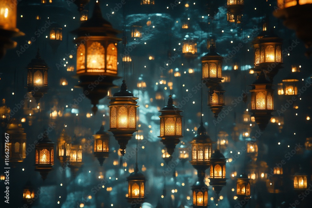 Poster a mesmerizing display of glowing lanterns in a mystical setting.