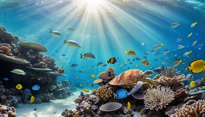 Obraz premium Vibrant coral reef teeming with diverse fish species, a sea turtle rests amidst colorful coral formations, sun rays penetrate the surface.
