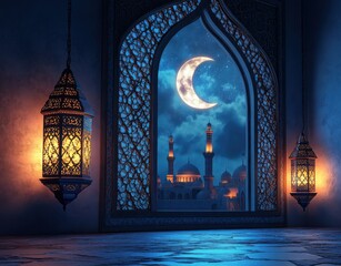 Enchanting Evening View of Crescent Moon Through Ornate Window with Decorative Lanterns Illuminating a Serene Mosque Landscape at Dusk