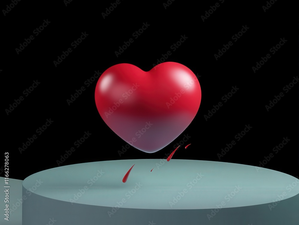 Poster floating red heart with drips on circular platform against black background for romantic or artistic