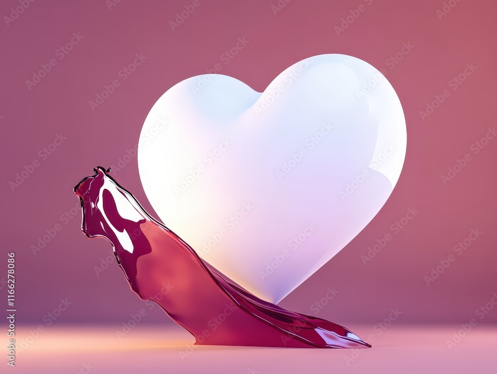 Poster heart shape sculpture with glossy finish and vibrant red liquid flowing beneath on soft gradient bac