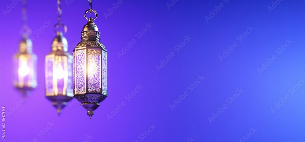 Poster three intricately designed lanterns against a gradient background.