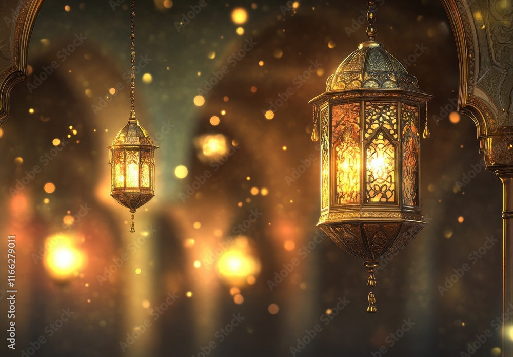 Poster exquisite decorative lanterns hanging in a dimly lit space with sparkling bokeh lights creating a ma
