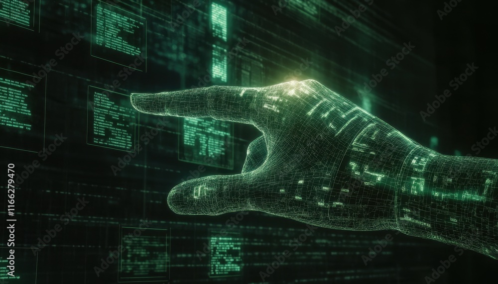Poster digital hand interacting with green code data