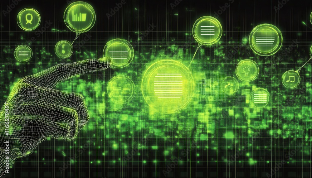 Poster wireframe hand interacting with digital interface green data