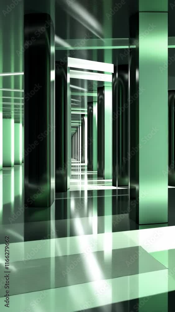 Poster abstract green corridor with reflective surfaces and lines creating a futuristic tunnel effect