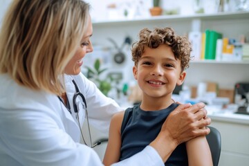 Cheerful boy receives friendly medical care in a bright clinic environment