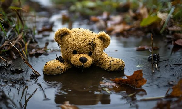 A dirty teddy bear lying in a muddy puddle surrounded by leaves.