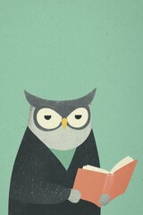 An Owl in a Professor's Robe Holding a Book in a Library Setting with Soft Green Background
