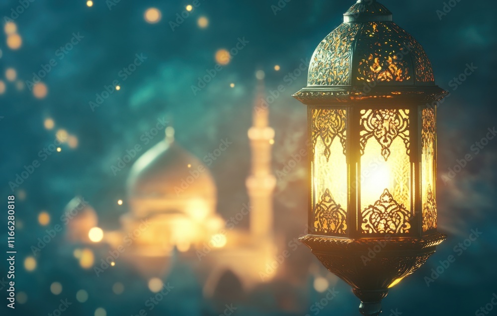 Poster glowing lantern with intricate design illuminates a serene night scene featuring soft background and