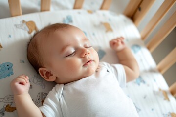 Peaceful moment of a baby sleeping in a cozy crib surrounded by soft toys in a serene nursery