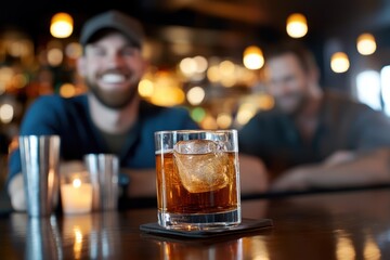 Friends enjoying cocktails at a cozy bar during a lively evening gathering