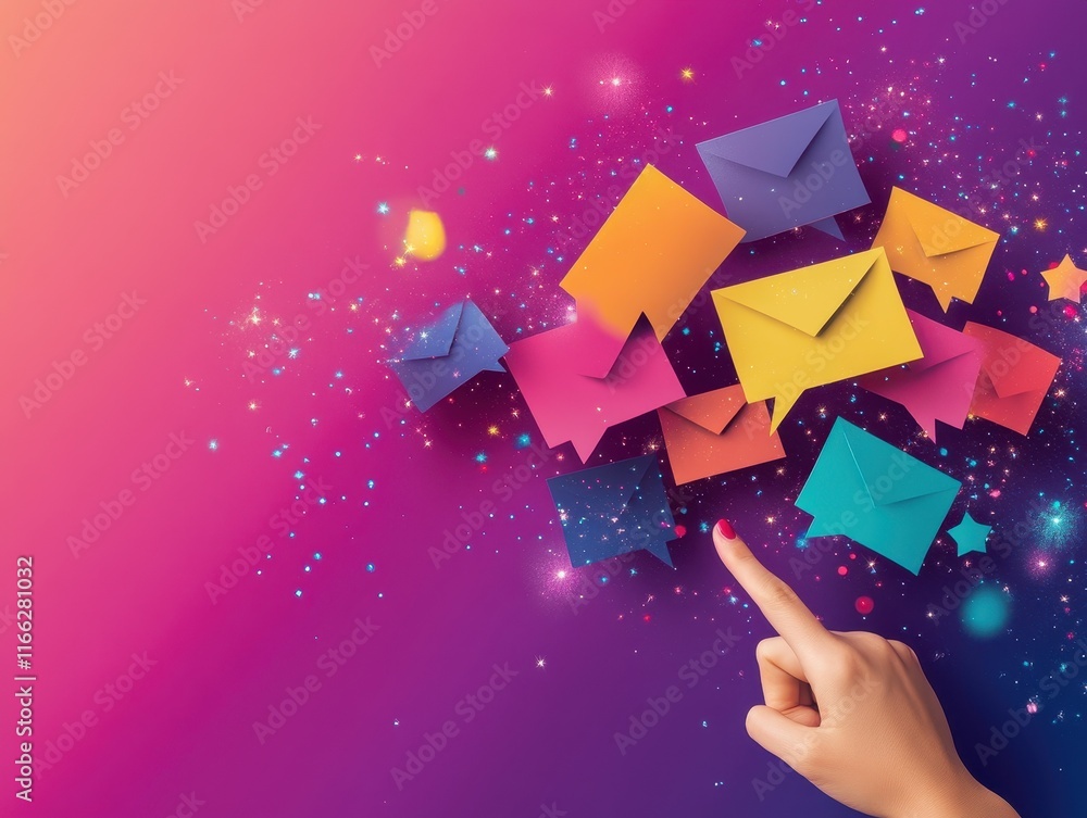 Poster colorful envelopes floating with sparkling background