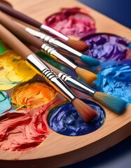 Vibrant paintbrushes rest on a colorful palette, ready to create.
