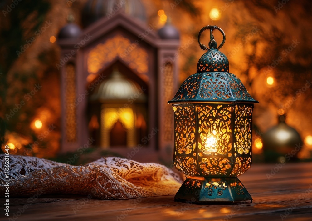 Poster intricate lantern casting warm glow in cozy setting with decorative architecture and soft background