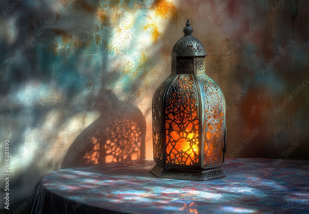 Poster intricately designed lantern casting colorful shadows on a table surface, enriching the atmosphere w
