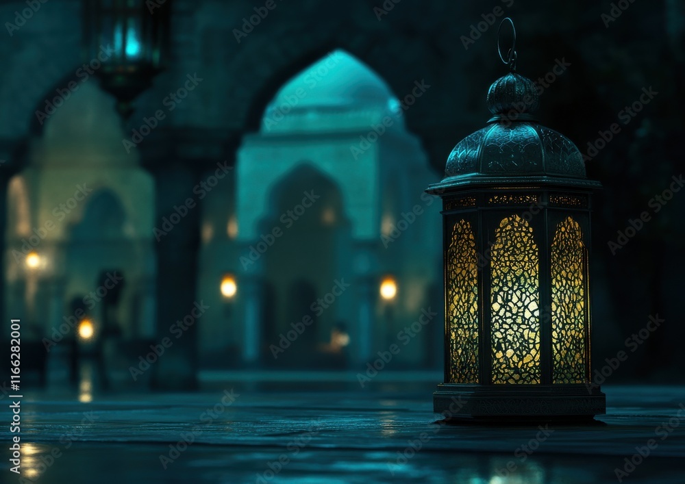 Poster intricately designed lantern in a mysterious abandoned courtyard at night illuminated with soft warm