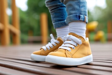 Bright yellow sneakers stand out against wooden playground flooring during joyful childhood moments on a sunny day