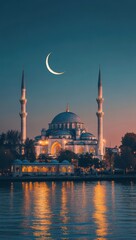 Fototapeta premium Majestic Mosque at Dusk with Illuminated Minarets and Crescent Moon Reflected in Calm Water, Capturing the Essence of Serenity and Spiritual Beauty