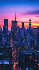 Obraz premium A vibrant city skyline at sunset, showcasing towering buildings and colors.