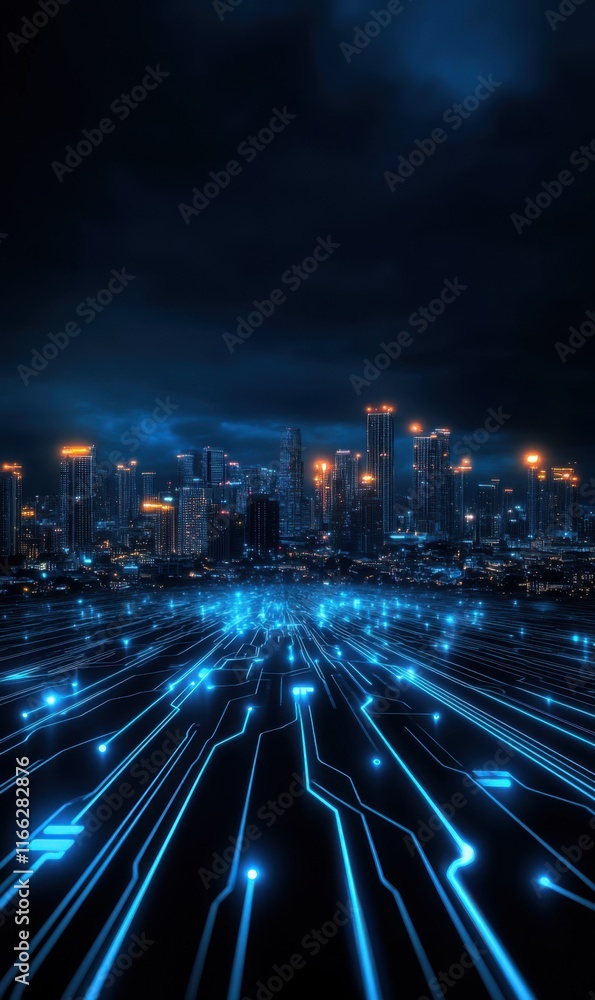 Poster futuristic cityscape with glowing circuit patterns and dark sky above for technology and innovation 