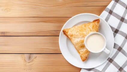 A plate with a triangular pastry and a cup of creamy beverage.