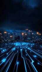 Obraz premium Futuristic Cityscape with Glowing Circuit Patterns and Dark Sky Above for Technology and Innovation Themes