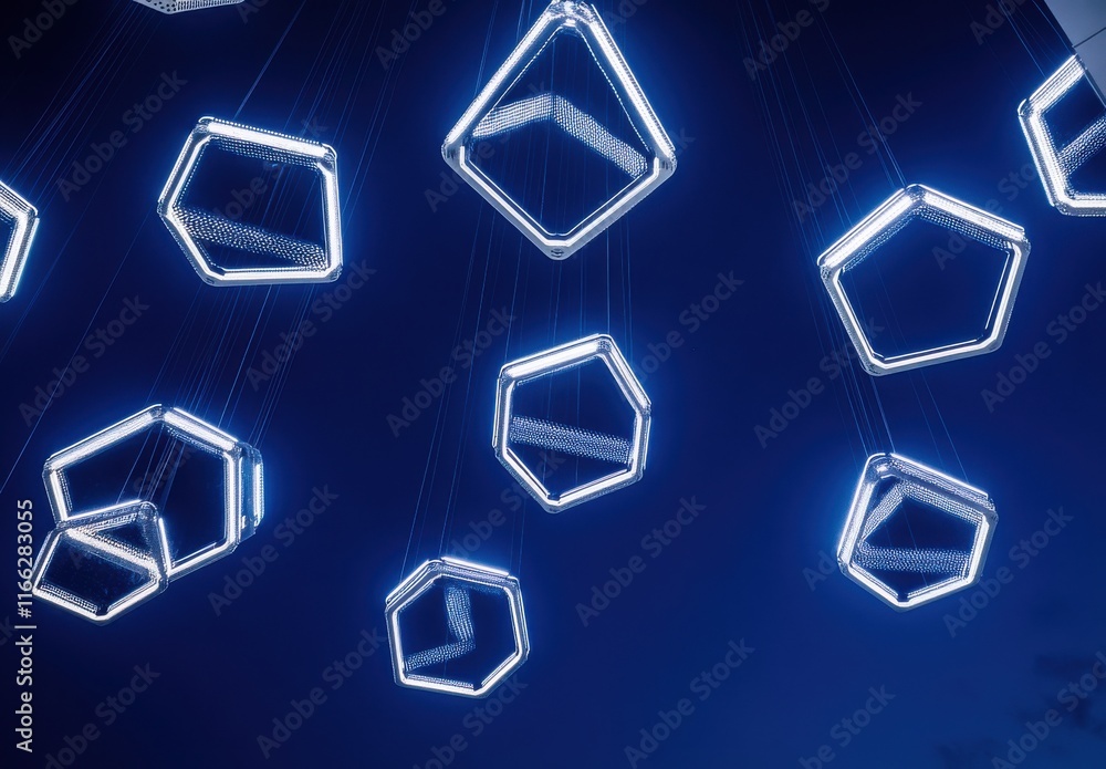 Poster modern abstract light installations hanging from the ceiling in an artistic display, illuminating a 