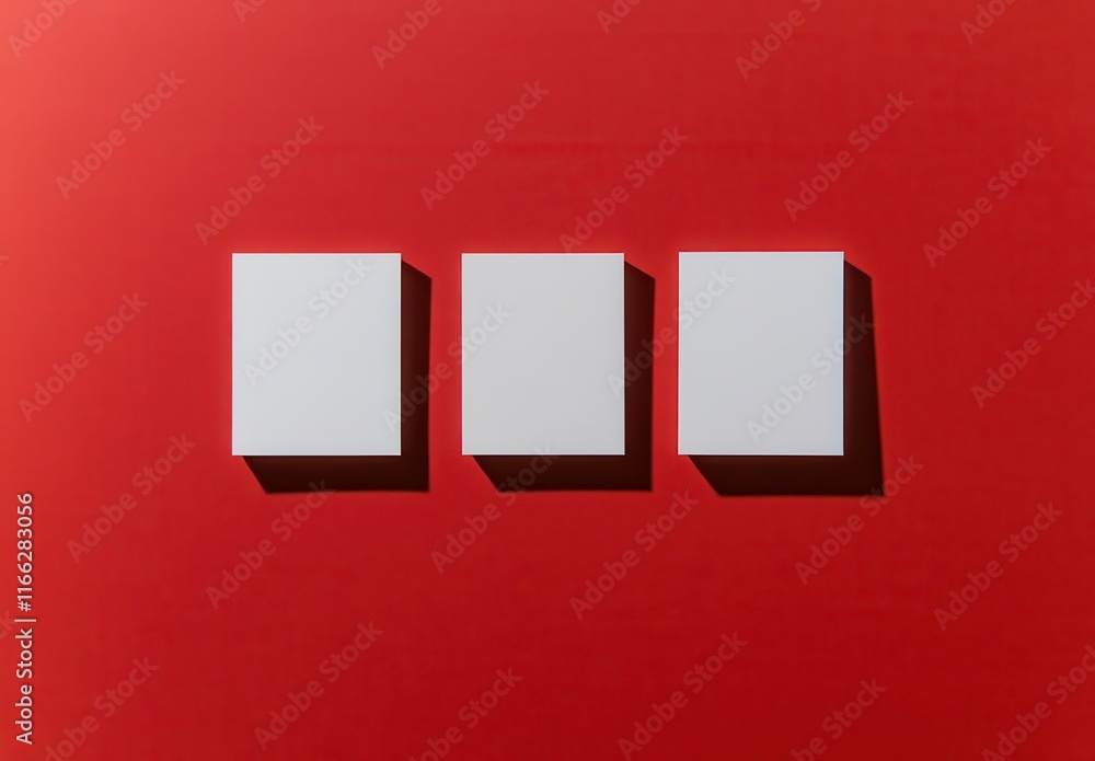 Poster minimalistic composition featuring three blank white squares on a bright red background with soft sh