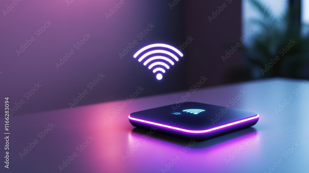 Aufkleber modern wireless router with glowing design and wi-fi signal icon in a stylish indoor setting