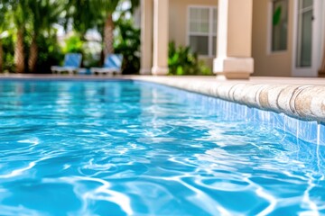 Sparkling water glistens under the bright sun beside a tranquil tropical villa retreat