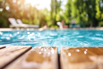 Sunlit tranquility at the edge of a sparkling pool surrounded by lush greenery on a warm afternoon