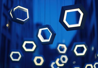 Modern Geometric Hanging Lights in a Blue Evening Sky, Illuminating Urban Space with Unique Shapes and Contemporary Design Elements for Stylish Ambiance