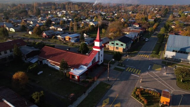 Imagen A&eacute;rea con dron Parroquia Nuestra Se&ntilde;ora del Carmen de Melipeuco Regi&oacute;n de la Araucan&iacute;a Chile.