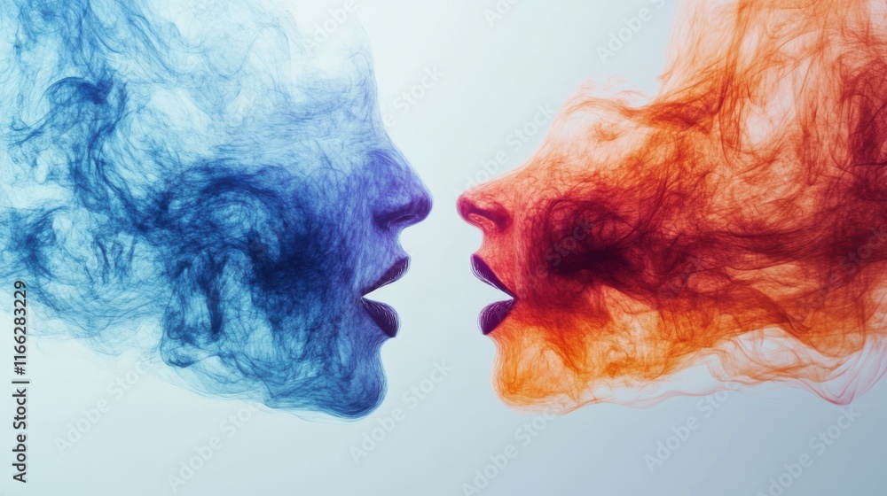 Poster artistic representation of two faces merging with smoke for conceptual creativity and imagination