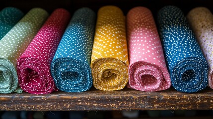 Colorful fabric rolls on wooden shelf. (1)