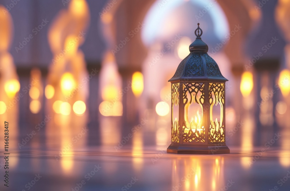 Poster ornate lantern glowing in a serene setting with soft bokeh lights reflecting warm ambiance in an art