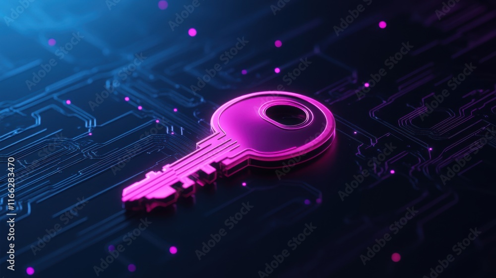 Aufkleber neon key on digital background representing cybersecurity and data protection in modern technology
