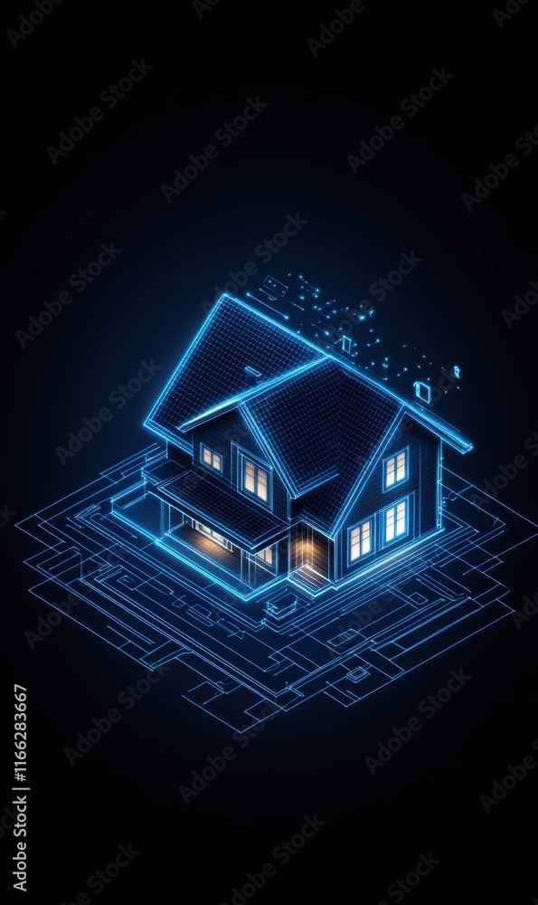 Poster digital home design concept with neon effect and blueprint layout on dark background