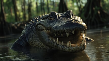 Obraz premium A close-up of a smiling alligator in a serene wetland environment.