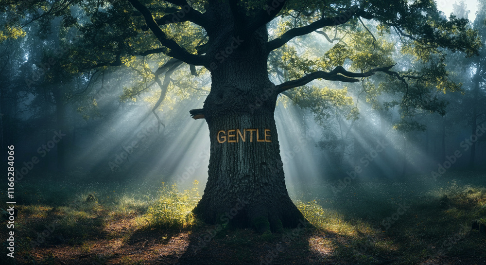 Poster tree in gentle forest light with rays of sunlight falling on the ground