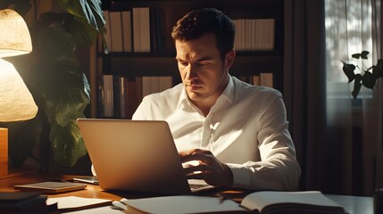 Fototapeta premium Man Working Late at Night on His Laptop