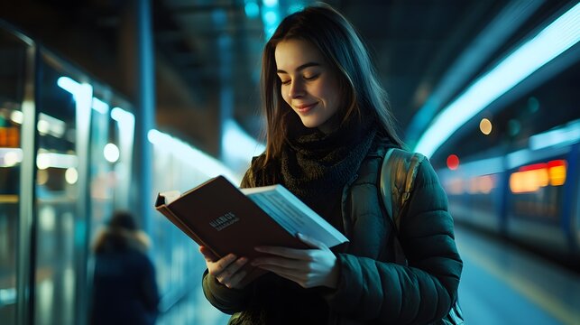 Young Woman Reading Book While Waiting At Train Station