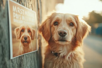 Heartwarming sight of a golden retriever beside a missing dog notice in a sunlit urban street at dusk
